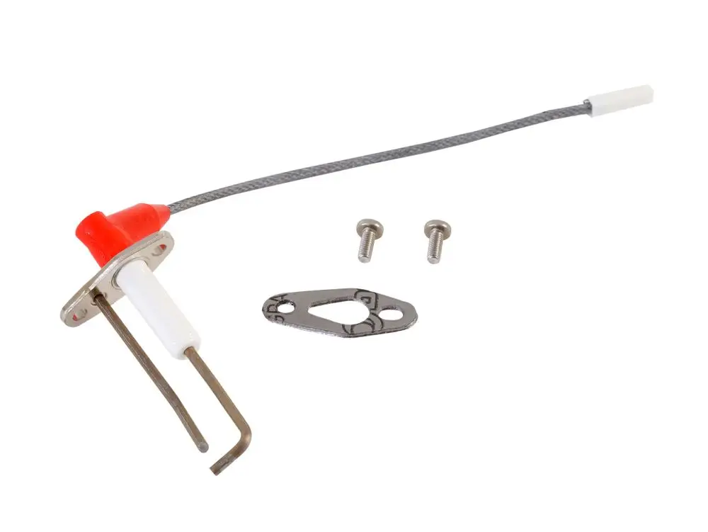 Zünd-Ionisationselektrode von Remeha mit Kabel, befestigt an einer Metallplatte. Zubehörteile wie Schrauben sind im Bild enthalten.